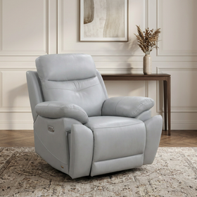 Lalor electric leather recliner chair in silver grey, reclined with footrest raised