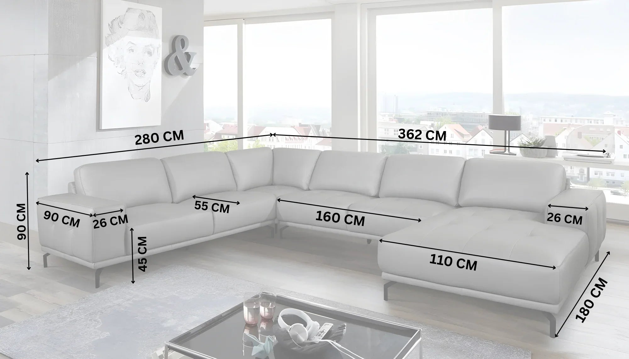 White sectional sofa in modern living room with labeled dimensions in centimeters