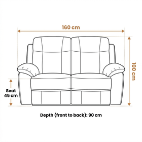 Latrobe 2 Seater Leather Recliner Lounge dimension diagram showing 160 cm length, 90 cm depth, 45 cm seat height and 100 cm overall height