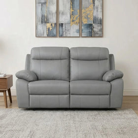 Latrobe 2 Seater Leather Recliner Lounge in grey leather with padded armrests and backrests, set in a modern living room with neutral decor.