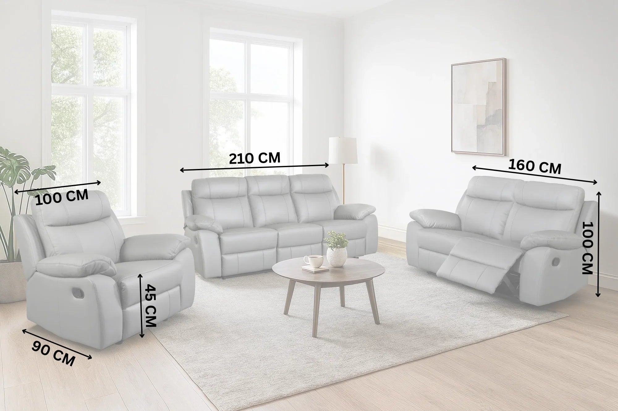 Grey recliner sofa set with chair and sofa dimensions in a modern living room