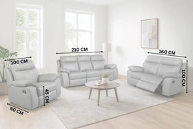Grey recliner sofa set with chair and sofa dimensions in a modern living room