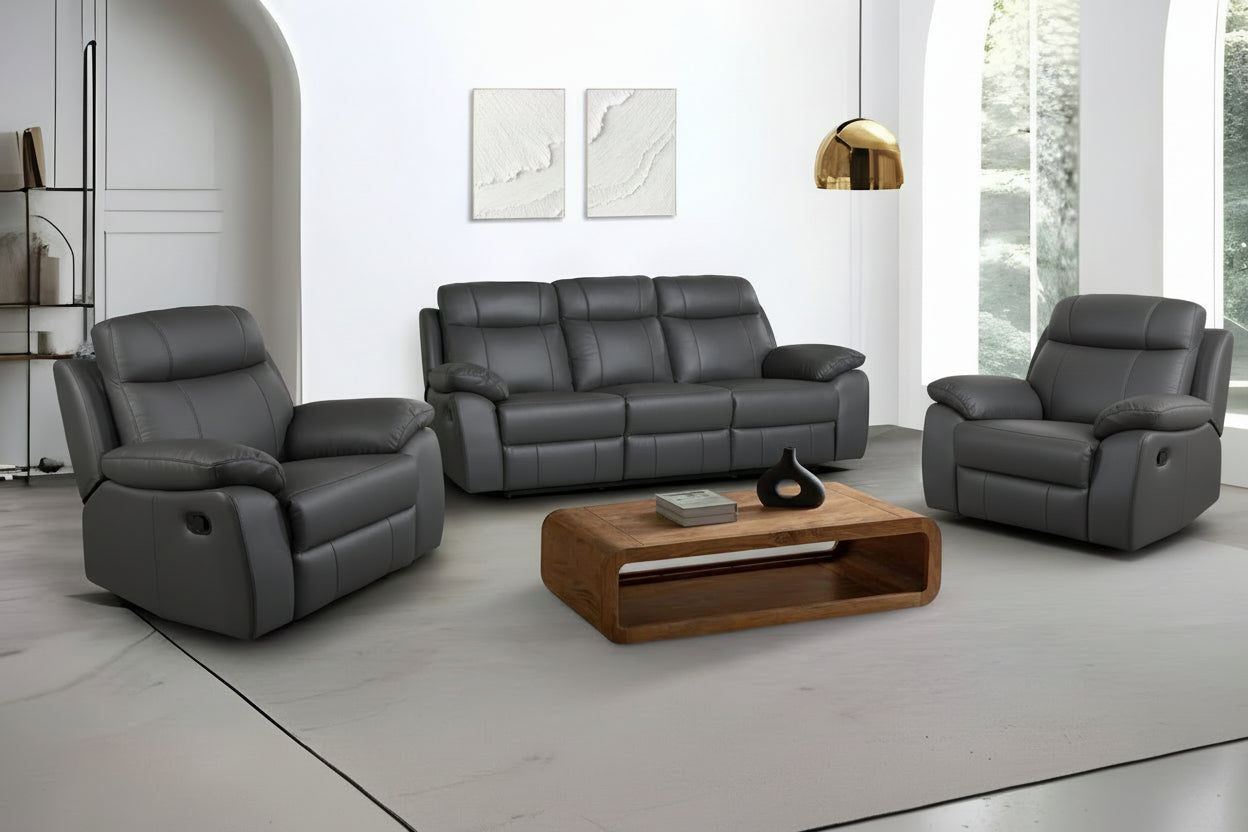 Modern living room with gray leather sofa set and wooden coffee table.