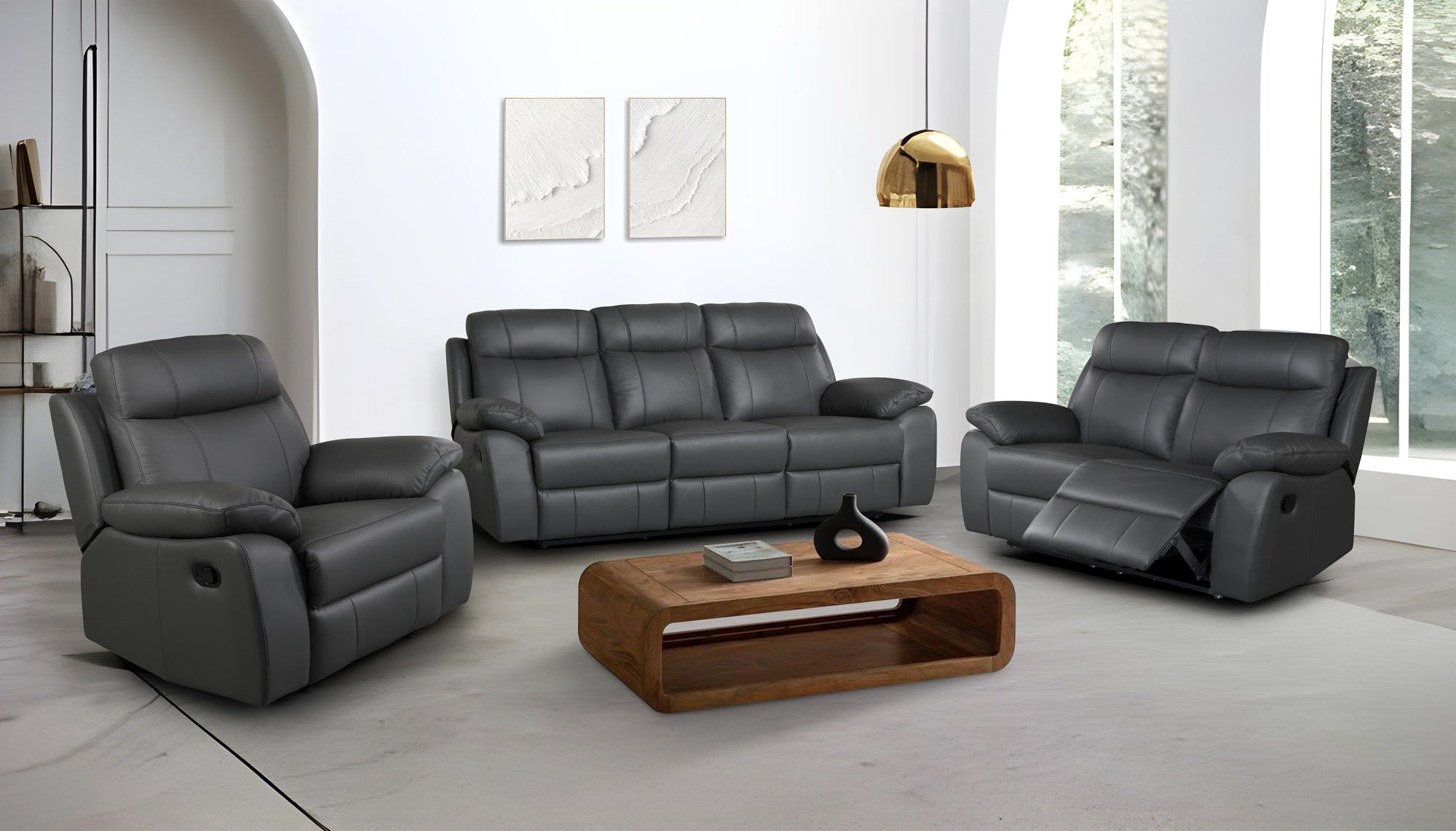 Grey genuine leather sofa set with recliners in a modern living room.