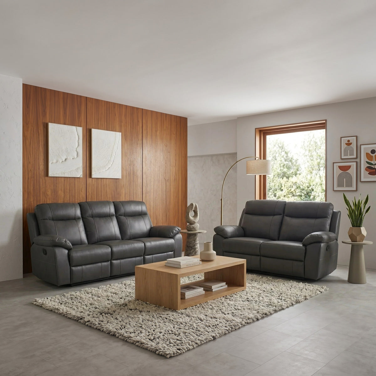 Latrobe 3+2 recliner package in dark grey: 3 seater and 2 seater, styled in a living room - The A2Z Furniture