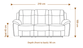 Latrobe 3 Seater Leather Recliner Lounge dimension diagram — 210 cm length, 90 cm depth, 100 cm height, 45 cm seat height