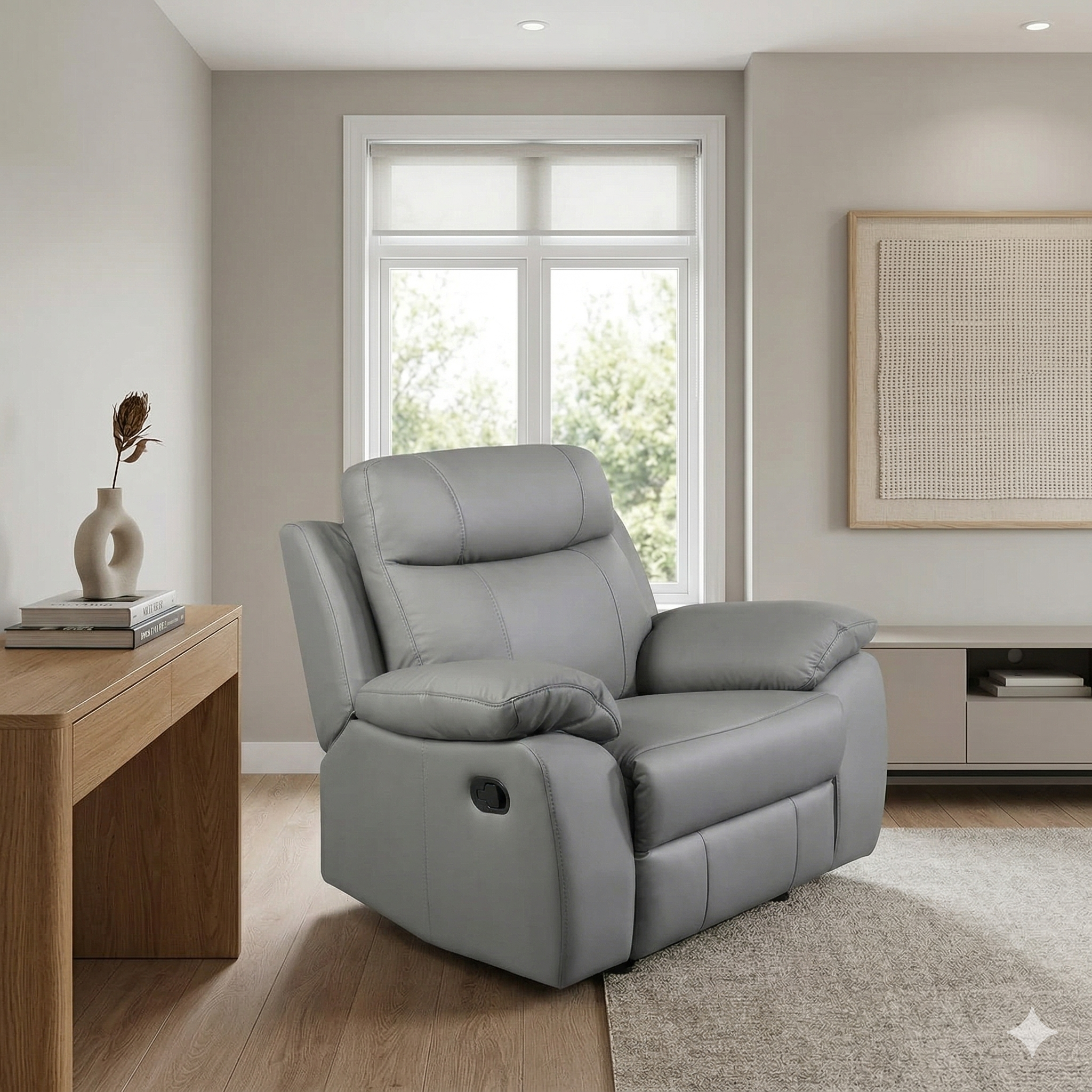 Gray recliner chair in a living room setting with a desk and window.