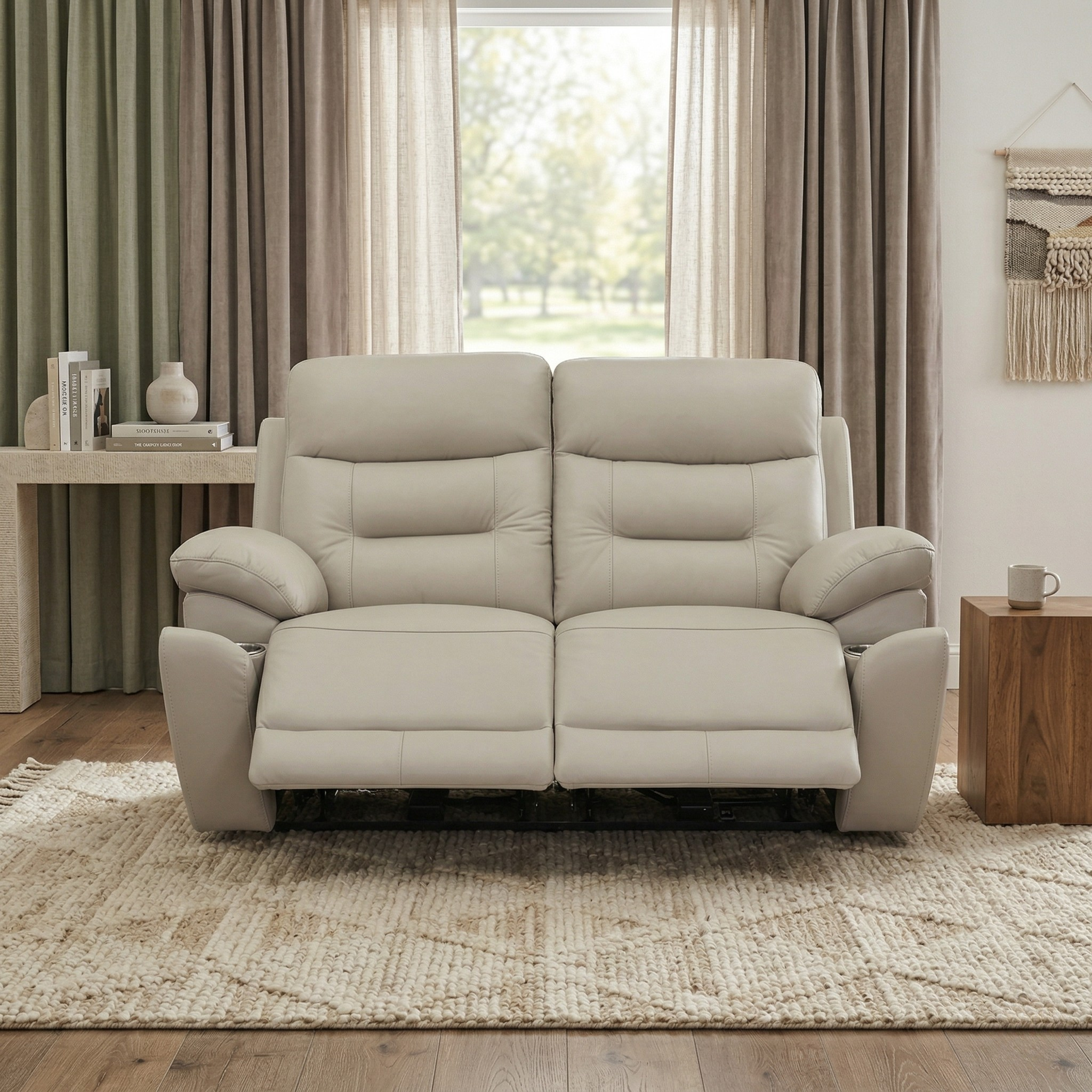 Legend 2 Seater Leather Recliner Lounge in light beige leather with plush cushioning and extended footrests, set in a cozy living room with neutral decor and natural light.