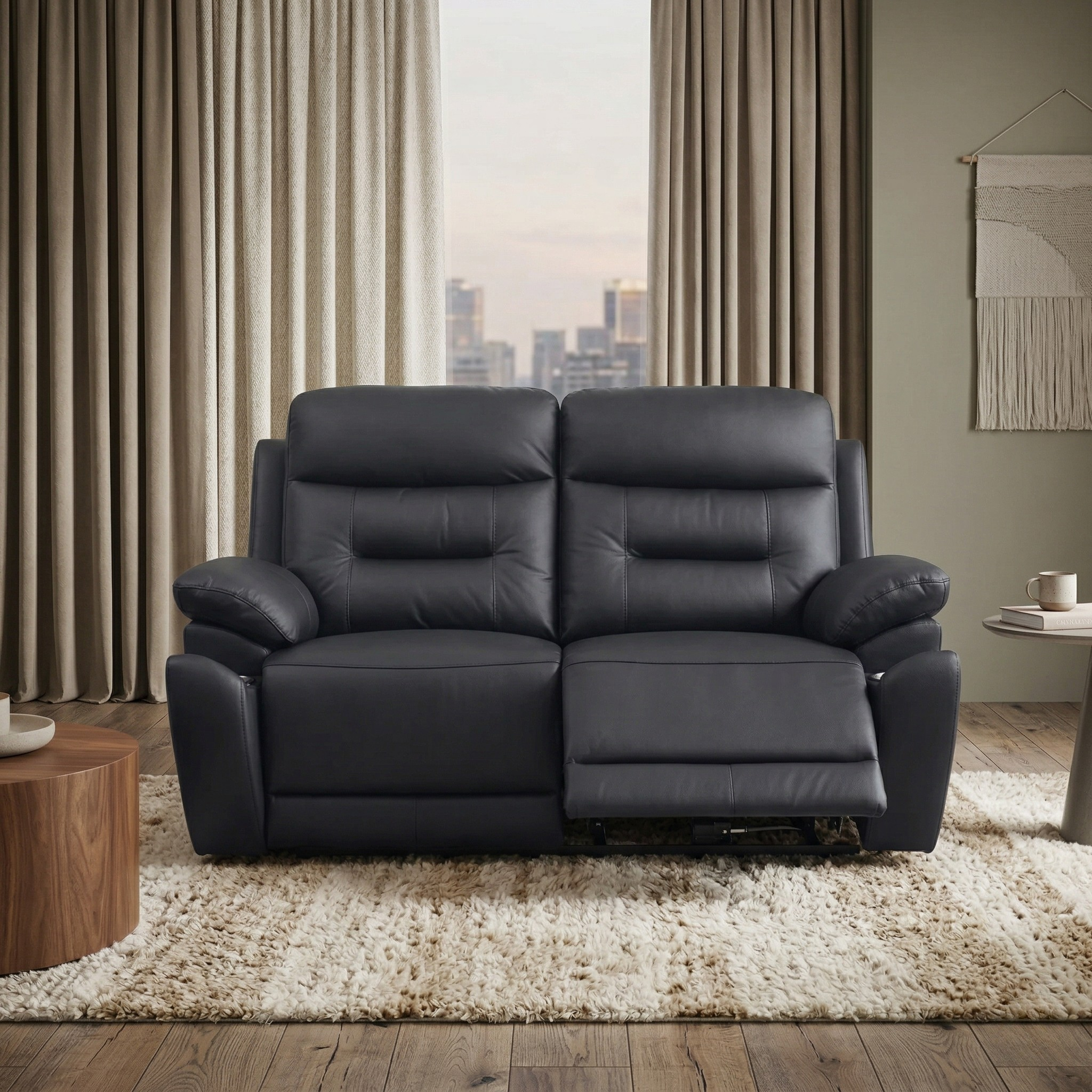 Legend 2 Seater Leather Recliner Lounge in black leather with plush cushioning and one extended footrest, set in a modern living room with neutral tones and textured rug.