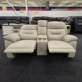 Lemington 2 Seater Leather Recliner Lounge in beige with both footrests fully extended, on display at The A2Z Furniture showroom