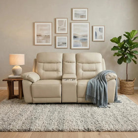 Lemington 2 Seater Leather Recliner Lounge in beige leather, styled in a living room - The A2Z Furniture