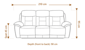 Lemington 3 Seater Leather Recliner Lounge dimension diagram — 210 cm length, 90 cm depth, 95 cm height, 45 cm seat height