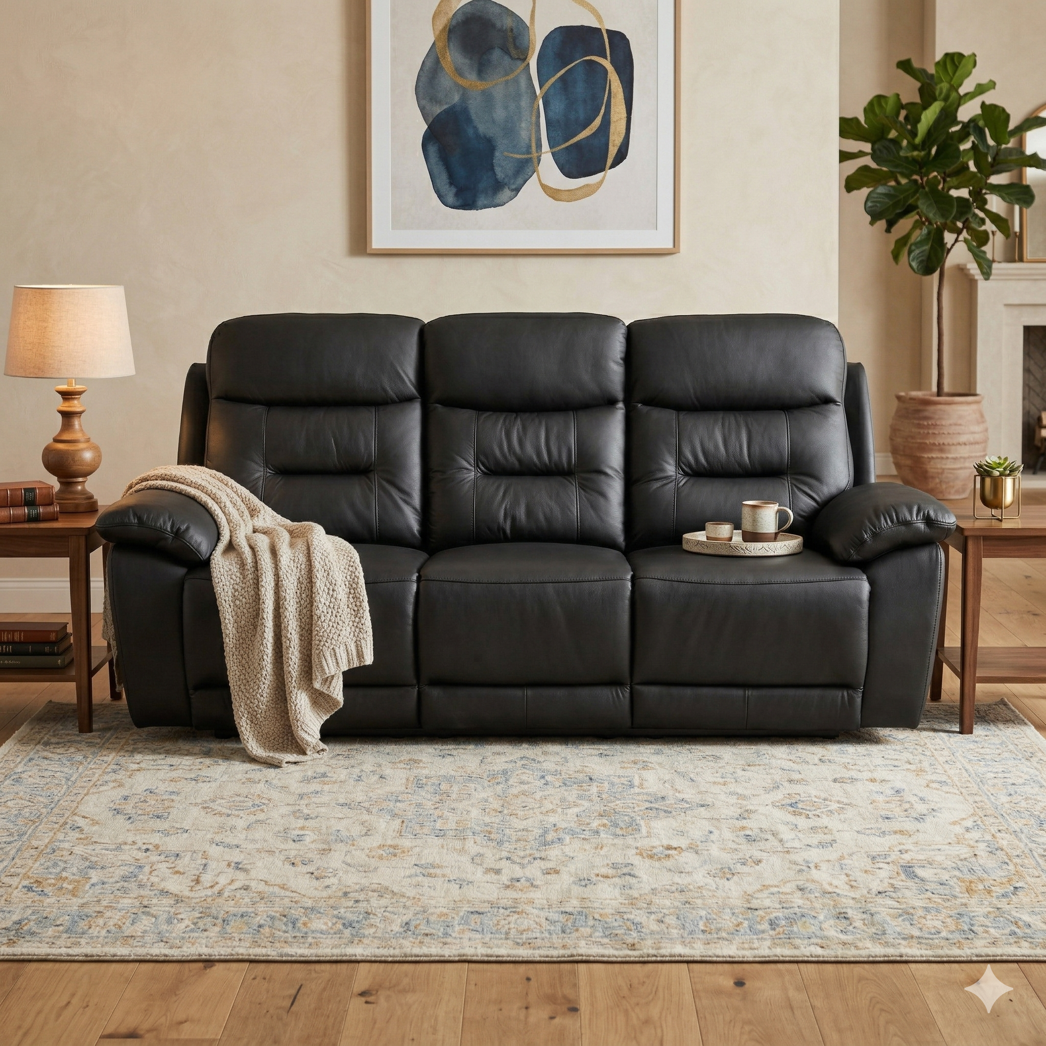 Black leather sofa in a living room with a rug, side table, and wall art.
