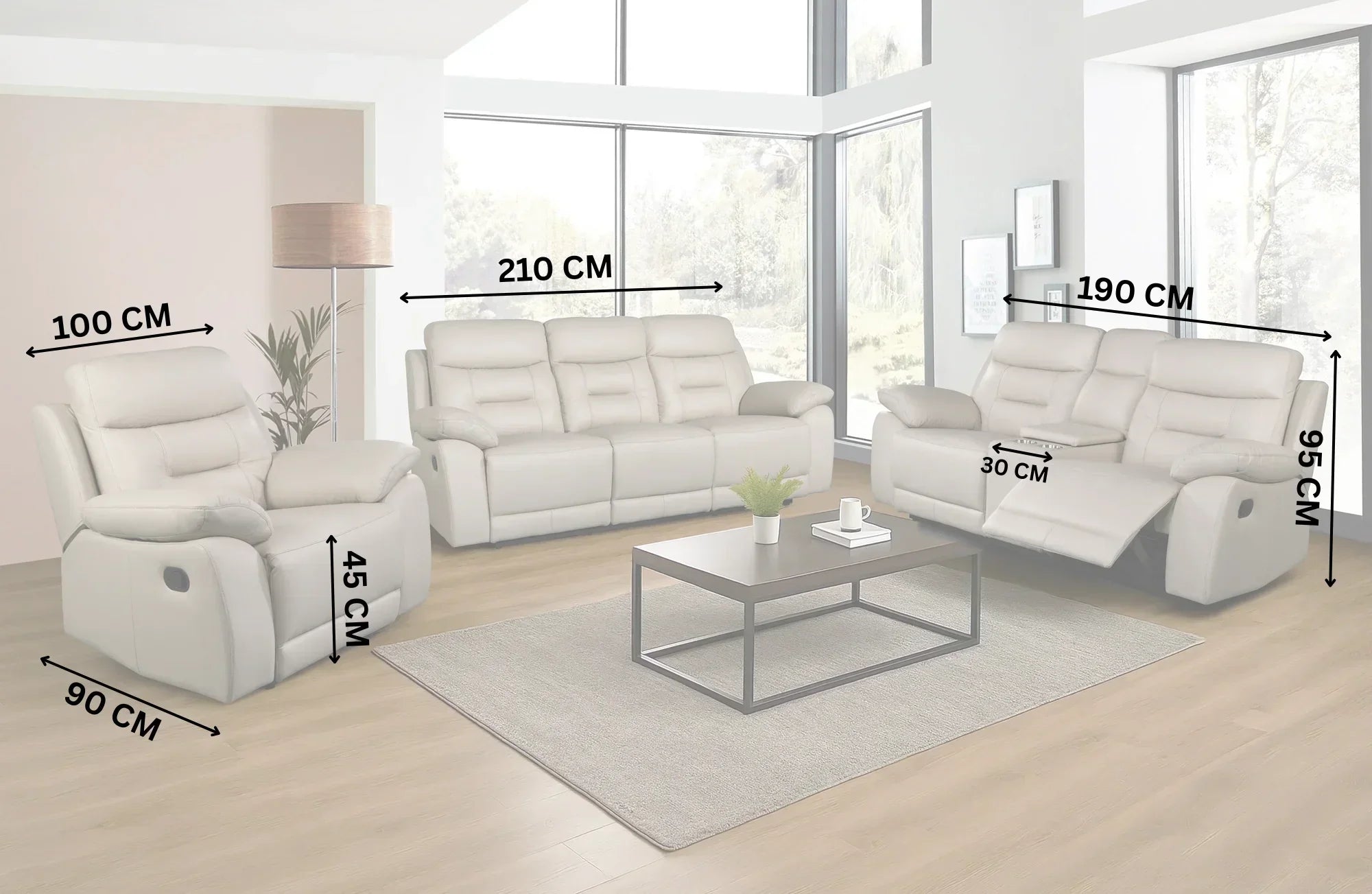 Beige recliner sofa set in living room with dimensions labeled in centimeters, modern furniture