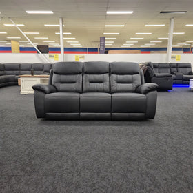 Lemington 3 Seater Leather Recliner Lounge in black leather, front view upright showing channel-stitched backrests and pillow-top armrests, on display in The A2Z Furniture showroom
