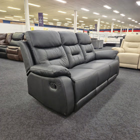 Lemington 3 Seater Leather Recliner Lounge in black leather, angled view showing the manual recliner pull handle on the outside of the end seat and the pillow-top armrest, in The A2Z Furniture showroom