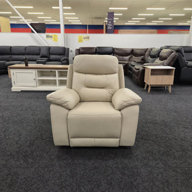 Lemington Leather Recliner Chair in beige seen from the front in the upright position, on display at The A2Z Furniture showroom