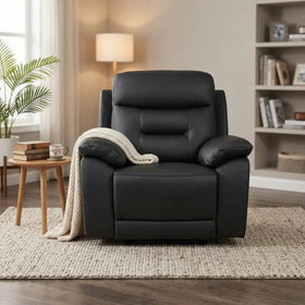 Lemington Leather Recliner Chair in black leather, styled in a living room - The A2Z Furniture