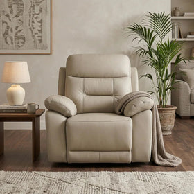 Lemington Leather Recliner Chair in beige leather, styled in a living room - The A2Z Furniture