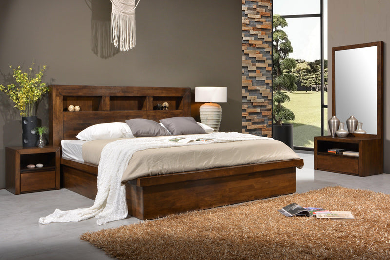 Levi Wooden Bed Frame with Gas Lift Storage and Bookcase Headboard in Rich Brown Color from The A2Z Furniture