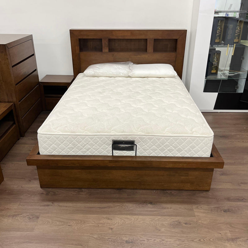 Levi Wooden Bed Frame with Gas Lift Storage and Bookcase Headboard in Rich Brown Color from The A2Z Furniture
