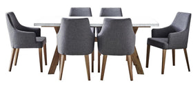 Liberty 7 Piece Dining Set - white concrete top table with grey Charleston dining chairs, studio shot
