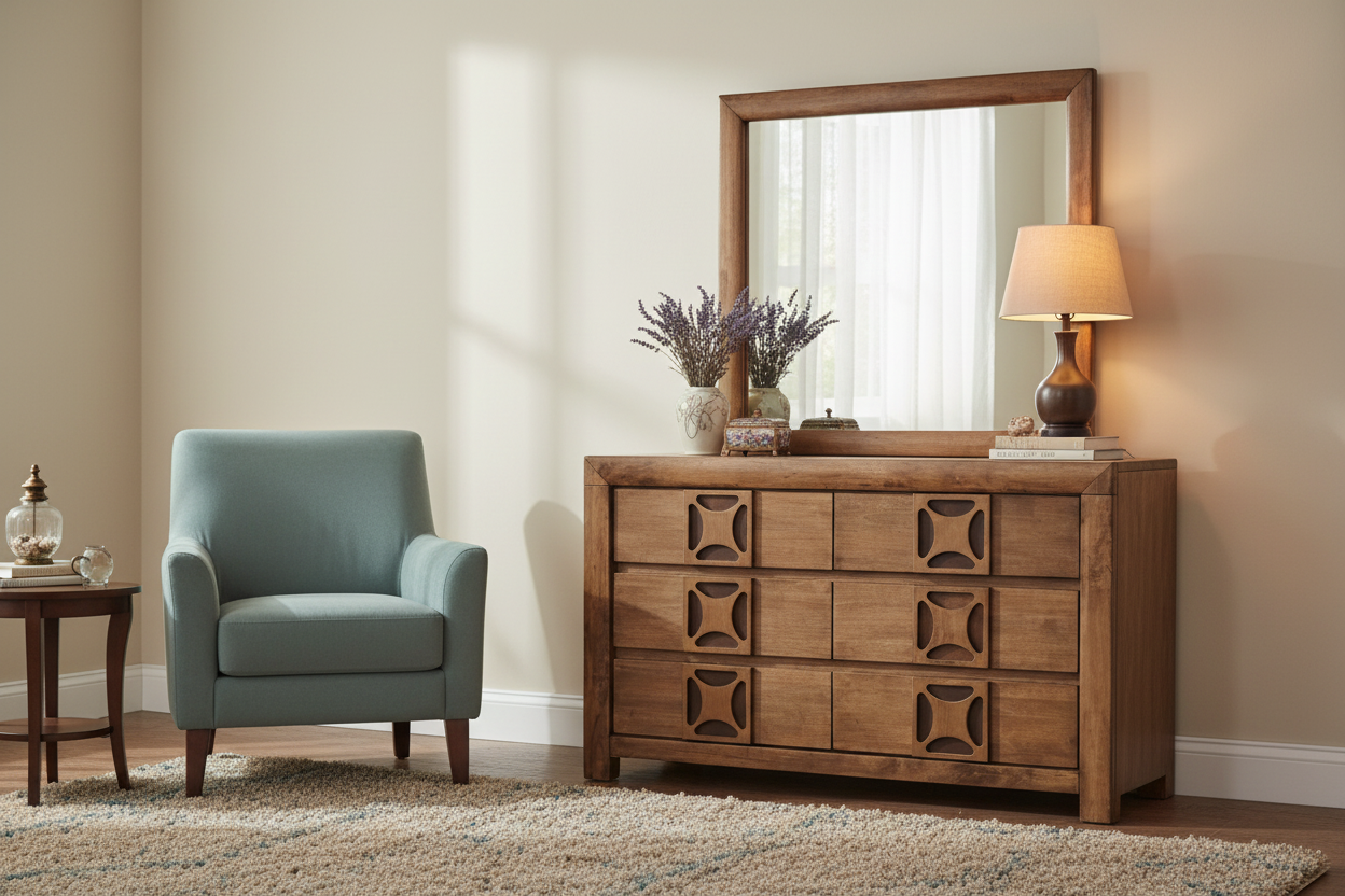 Wooden dresser with mirror, lamp, and chair in a room setting