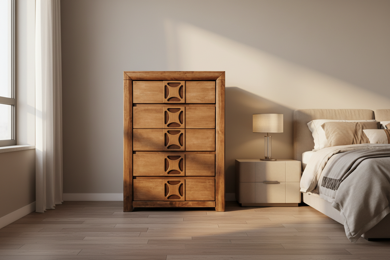 Wooden dresser in a bedroom with a bed and lamp