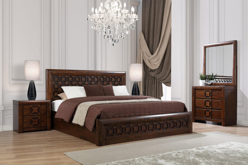 Image of The A2Z Furniture's Lilly bed - a wooden bed frame with gas lift storage drawer, available in queen and king sizes, with a traditional carved headboard design.