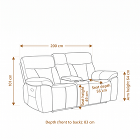 Limestone 2 Seater Electric Leather Recliner Lounge dimension diagram: 200 cm long, 83 cm deep, 101 cm high, 49 cm seat height, 64 cm arm height