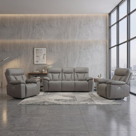 Limestone 3+1+1 electric recliner package in brown: 3 seater and two recliner chairs, styled in a living room - The A2Z Furniture
