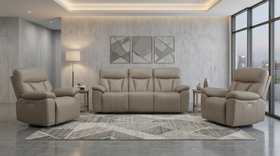 Limestone 3+1+1 Electric Recliner Package in Tan leather, matching 3 seater lounge and two recliner chairs styled in a modern living room