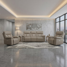 Limestone 3+1+1 electric recliner package in tan: 3 seater and two recliner chairs, styled in a living room - The A2Z Furniture