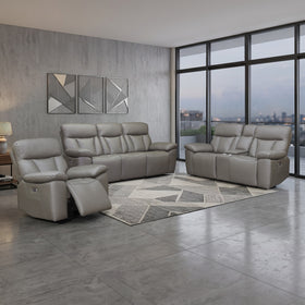 Limestone 3+2+1 electric recliner package in brown: 3 seater, 2 seater with console and recliner chair, styled in a living room - The A2Z Furniture