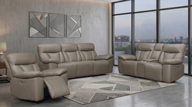 Limestone 3+2+1 Electric Recliner Package in Tan leather, matching 3 seater, 2 seater and single recliner chair styled in a modern living room