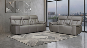 Limestone 3+2 Electric Recliner Package in Brown leather, matching 3 seater and 2 seater lounge styled in a modern living room