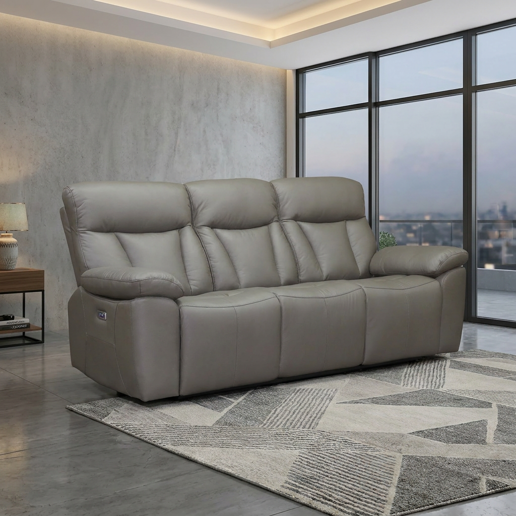 Limestone 3 Seater Electric Leather Recliner Lounge in Brown leather, styled in a modern living room