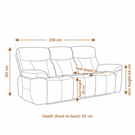 Limestone 3 Seater Electric Leather Recliner Lounge dimension diagram: 230 cm long, 83 cm deep, 101 cm high, 49 cm seat height, 64 cm arm height