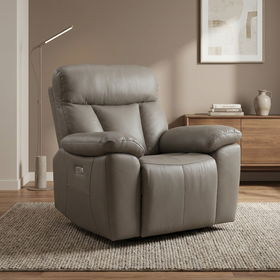 Limestone Swivel Electric Leather Recliner Chair in Brown leather on a 360-degree swivel base, styled in a modern living room