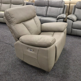 Limestone Swivel Electric Leather Recliner Chair angled view showing the single seat, pillow-top arms and side recline and charging control, on display in The A2Z Furniture showroom