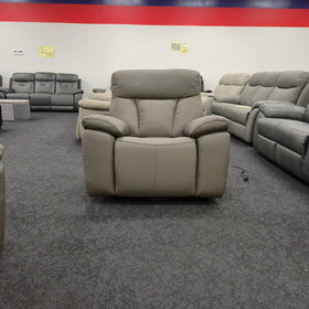 Limestone Swivel Electric Leather Recliner Chair viewed straight on with the circular swivel base visible beneath the seat, on display in The A2Z Furniture showroom