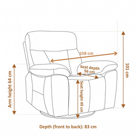 Limestone Swivel Electric Leather Recliner Chair dimension diagram: 108 cm wide, 83 cm deep, 101 cm high, 49 cm seat height, 64 cm arm height
