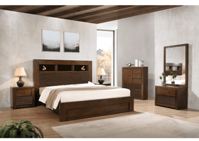 Modern bedroom suite with wooden bed frame, tallboy chest, bedside tables, and mirror
