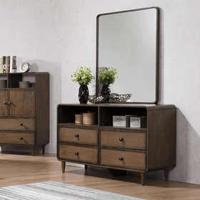 Wooden dresser with six drawers, open shelves, and large mirror in a modern bedroom setting