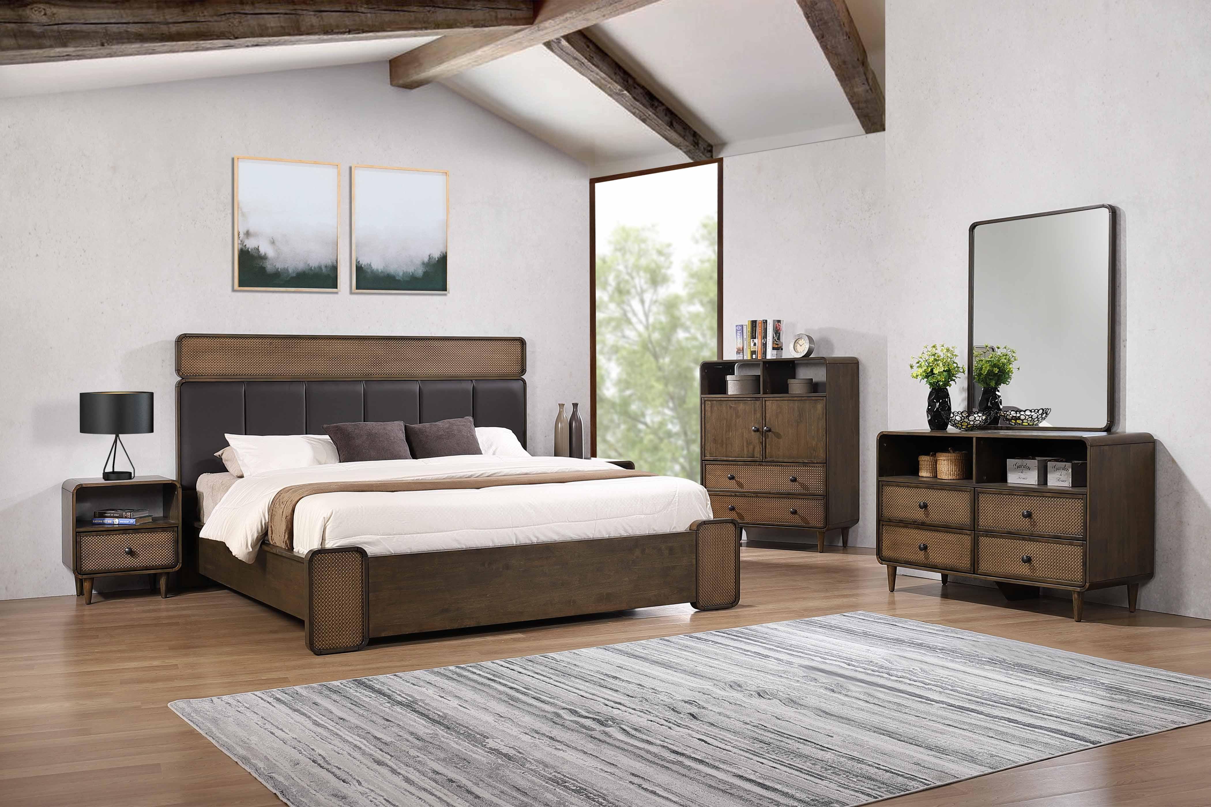 Liverpool Modern Rattan Bedroom Suite. Queen size bed frame with modern rattan design. Matching dresser with mirror, nightstands & tallboy (not shown) available.