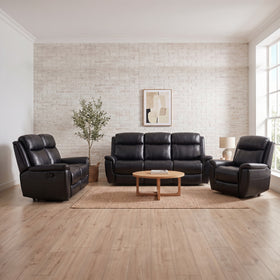 Lotte 3+2+1 recliner package in black: 3 seater, 2 seater and recliner chair, styled in a living room - The A2Z Furniture