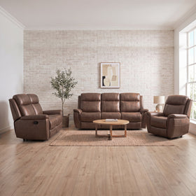Lotte 3+2+1 recliner package in brown: 3 seater, 2 seater and recliner chair, styled in a living room - The A2Z Furniture