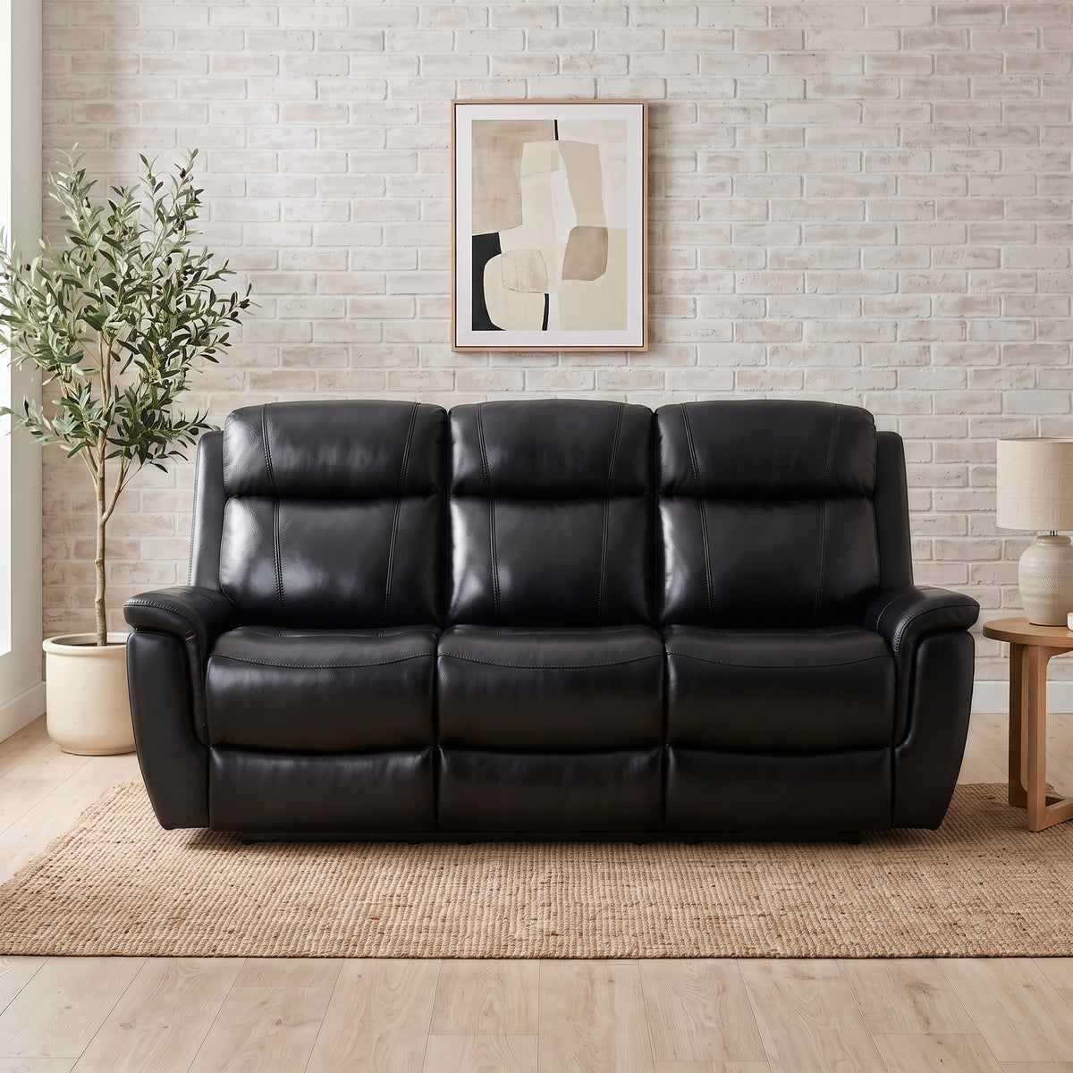 Lotte 3 seater manual recliner lounge in black leather + PVC