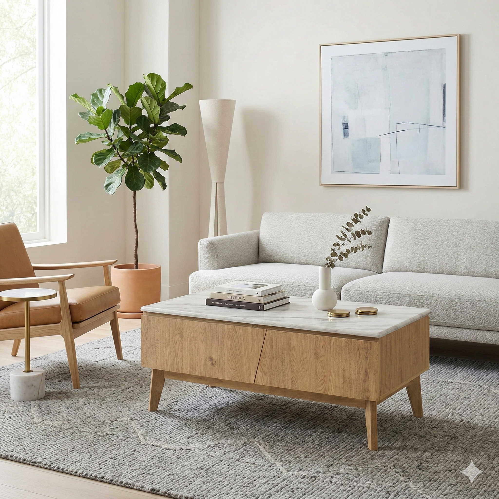 Modern living room with a gray sofa, wooden coffee table, and decorative items.