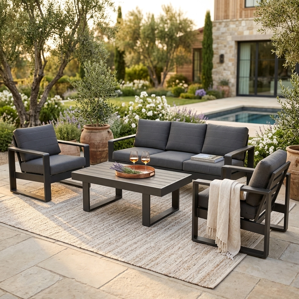 Outdoor patio set with gray cushions on a stone patio, surrounded by greenery and a pool.